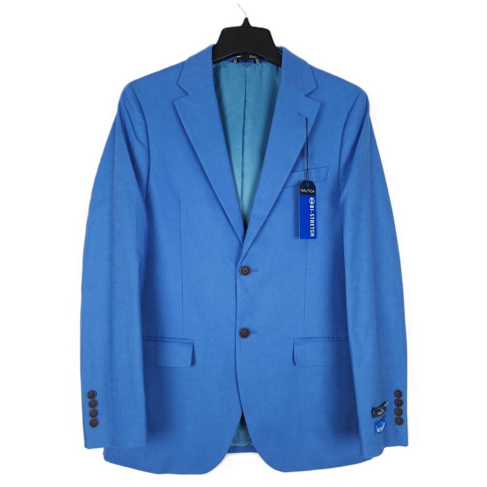 Nautica Mens Modern Fit 2 Piece Suit 36R 30x32 Blue Solid Stretch Linen Cotton - Picture 2 of 10